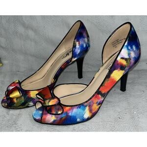 Coach and Four Heels Size 6 1/2 Vibrant Multicolor Bow Peep Toe Stiletto Pumps